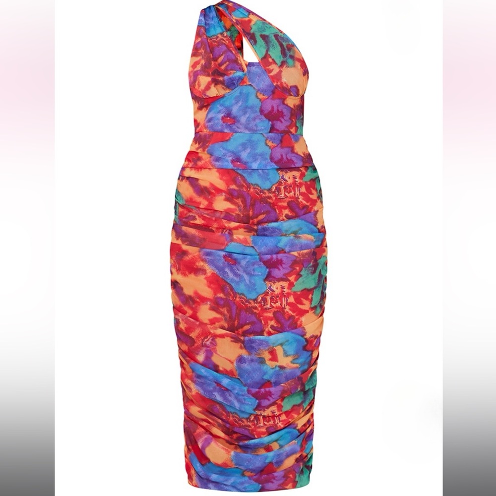 Multi Floral Print Underwired One Shoulder Drape Midaxi Dress